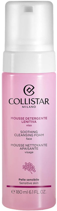 Roze Collistar mousse flacon met witte pompdispenser. Tekst in roze en paars.