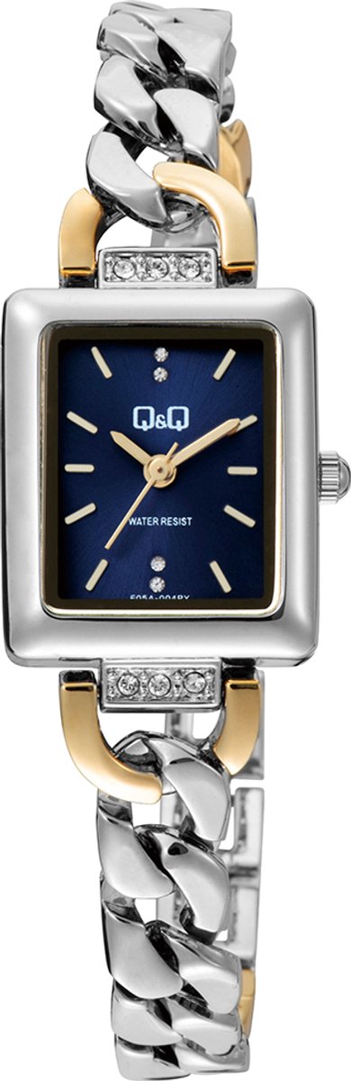 QQ F05A-004PY - Horloge - Polshorloge - Analoog - Vrouwen - Dames - Metalen band - Rechthoek - Metaal - Strepen - Zilverkleurig - Goudkleurig - DonkerBlauw