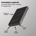 Zwarte powerbank met MagSafe-logo, batterijindicator, USB-C poort en aan/uit knop.