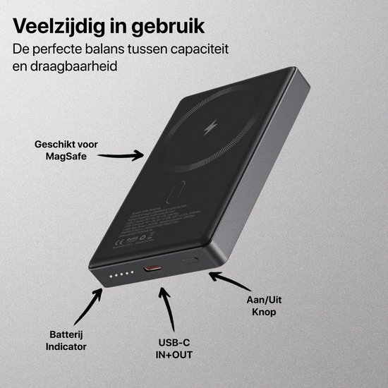 Zwarte powerbank met MagSafe-logo, batterijindicator, USB-C poort en aan/uit knop.