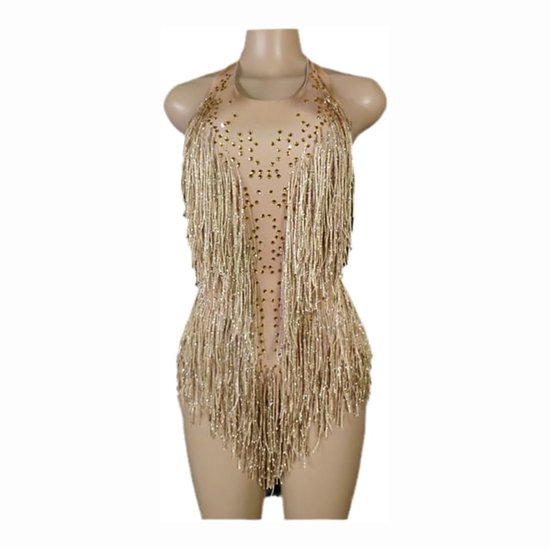 Sexy jumpsuit Champagne Franjes - Festival - Bodysuit - Glitter - Dames - Kwast