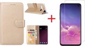 Ntech Hoesje voor Samsung Galaxy S10e portemonnee hoesje - Goud + Screenprotector glas