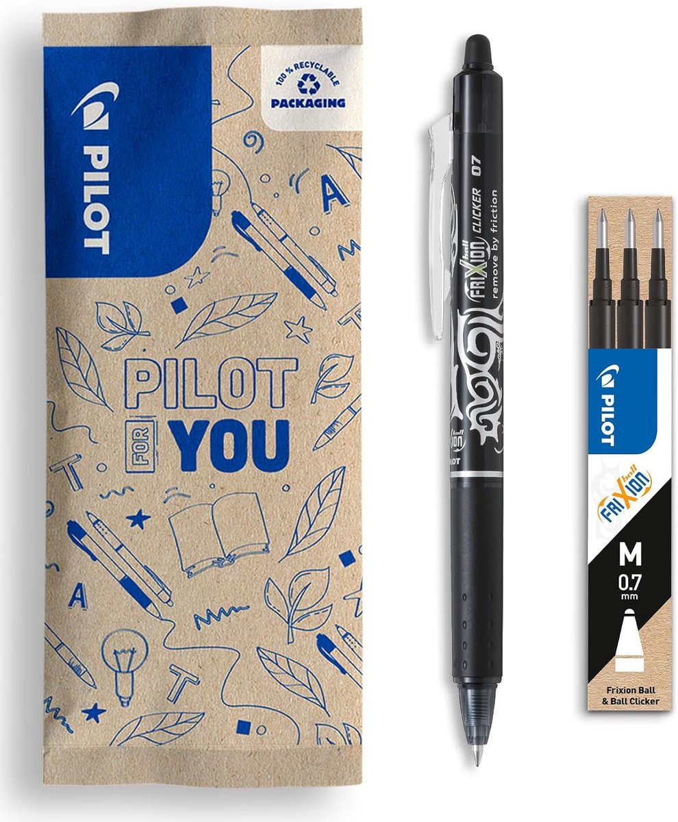 Uitwisbare Rollerbalpen Set met Drukmechanisme - Zwarte Inkt - Medium Punt (0.7mm) - Inclusief 3 Navullingen