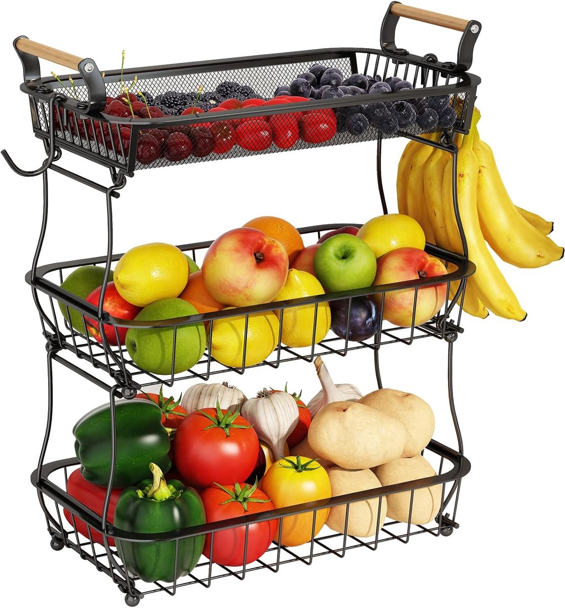 Posity Fruitschaal 3 Laags - Fruitmand - Fruit Etagere - Groentemand - Draadmand - Met bananenhouder - Hout & Metaal - Zwart