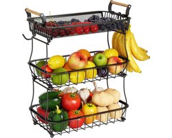 Posity Fruitschaal 3 Laags - Fruitmand - Fruit Etagere - Groentemand - Draadmand - Met bananenhouder - Hout & Metaal - Zwart
