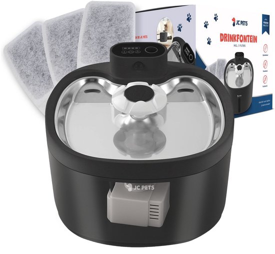 JC Pets Premium RVS Draadloze Drinkfontein voor Kat of Hond - Inclusief 9 filters - Kattenfontein - Fluisterstil - Waterfontein Katten en Honden