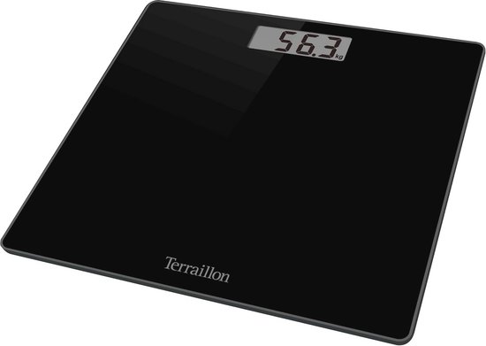 Balance Terraillon noire avec écran numérique, 56.3 kg, en vue produit.