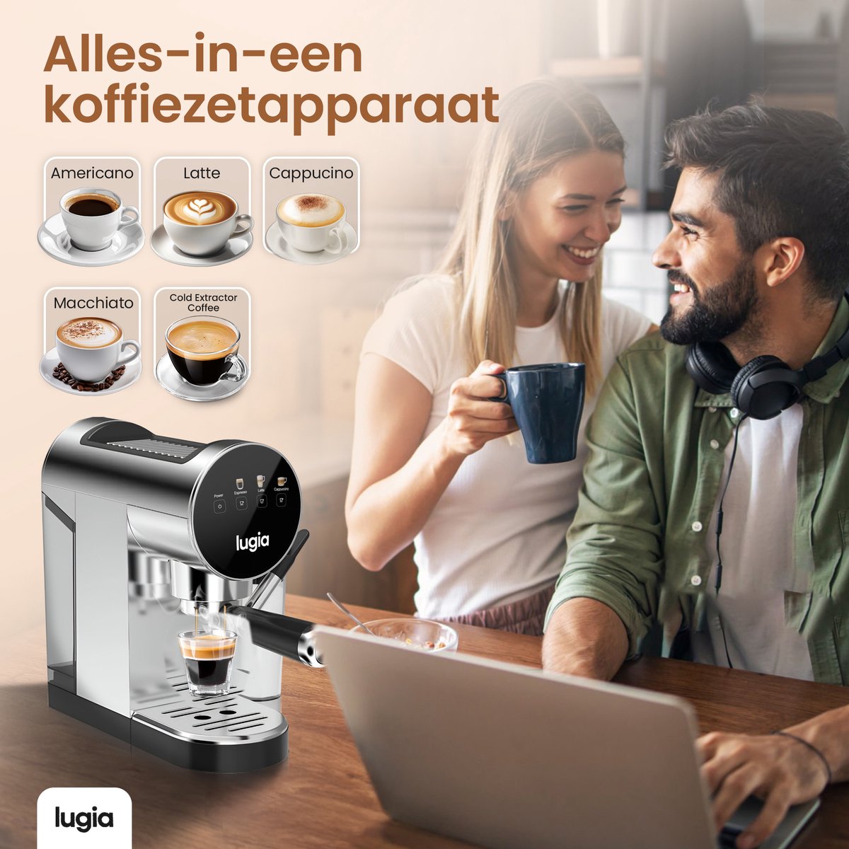 Afbeelding 2 van Lugia Koffiemachine - Pistonmachine - Automatische melkopschuimer - Led display - 20 bar - espresso voor cappuccino, latte en macchiato - Zwart