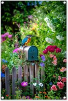 Graphic Message - Tuinposter inclusief Spanners - IJsvogel op Brievenbus - Bloemen Schuttingdoek - Groen Vogel Tuindoek - Outdoor Tuin Poster - Natuur Buiten Doek - Schutting - Landschap 80x120 - Tuindecoratie