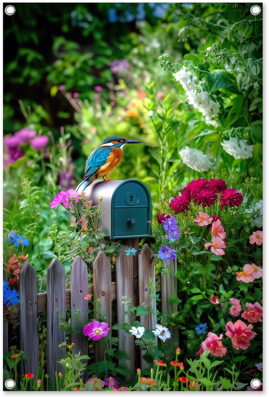 Graphic Message - Tuinposter inclusief Spanners - IJsvogel op Brievenbus - Bloemen Schuttingdoek - Groen Vogel Tuindoek - Outdoor Tuin Poster - Natuur Buiten Doek - Schutting - Landschap 80x120 - Tuindecoratie