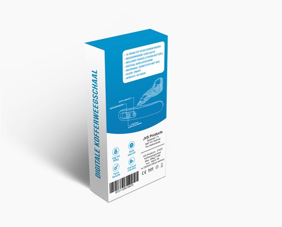 Doos met digitale kofferweegschaal. Zwart, compact met helder blauw design.