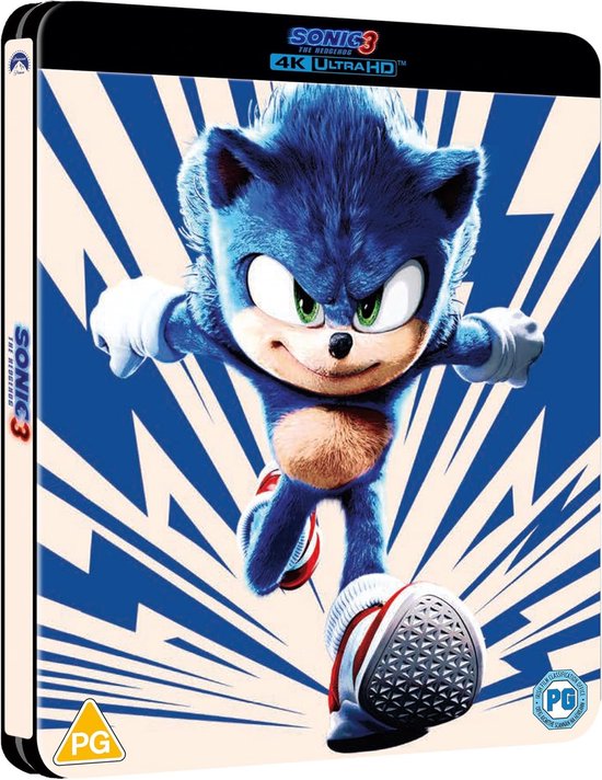 Sonic the Hedgehog 3 Steelbook 4K Ultra HD Blu-ray met Sonic die rent op de voorkant.