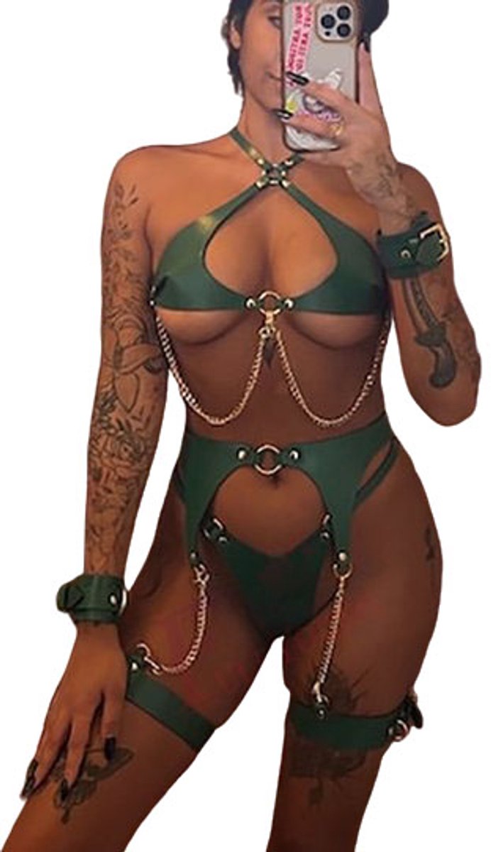Goedkoopste Bondage harnas leder - Ketting - Slip - Top - Jarretel - Riem - Gesp - Armband