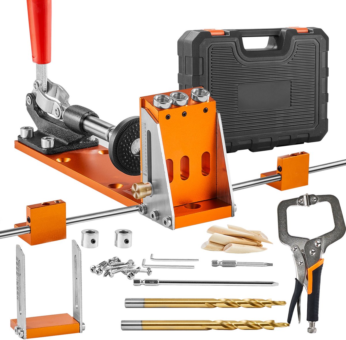 Pocket Hole Jig Kit, 34-delig met 11-inch C-Klem, Jig, Trapboor, Schroevendraaiers, Boorstopringen, Vierkante Aandrijfbits, Gereedschapskoffer voor Doe-Het-Zelf Timmerprojecten