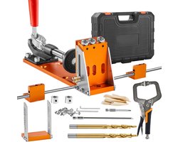 Pocket Hole Jig Kit, 34-delig met 11-inch C-Klem, Jig, Trapboor, Schroevendraaiers, Boorstopringen, Vierkante Aandrijfbits, Gereedschapskoffer voor Doe-Het-Zelf Timmerprojecten
