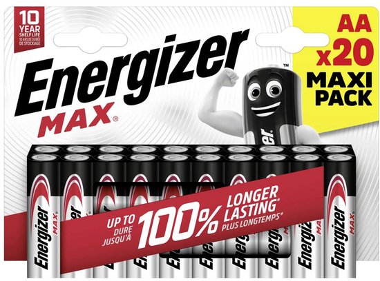 Emballage de 20 piles Energizer Max AA avec l'image d'une pile dessinée. Texte : "Jusqu'à 100% de durée en plus."