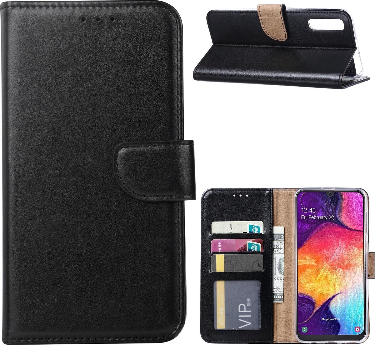 Ntech Portemonnee hoesje met Pasjesruimte Geschikt Voor Samsung Galaxy A70/A70s - Zwart