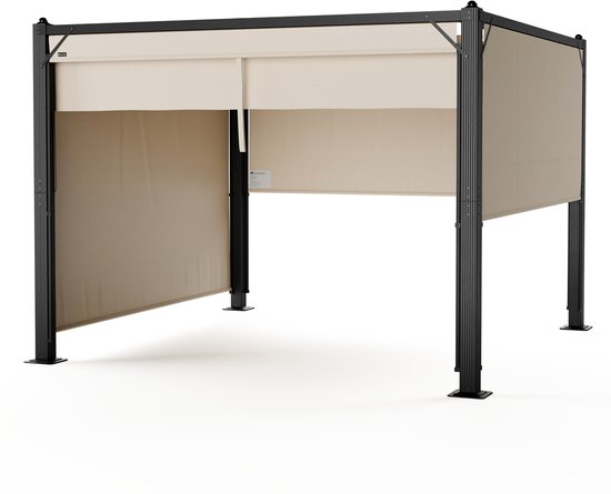 Foto: Blumfeldt pantheon cortina 3x3m gazebo aluminium frame verstelbaar zonnedak zijpanelen weerbestendig buitenpaviljoen beige zwart
