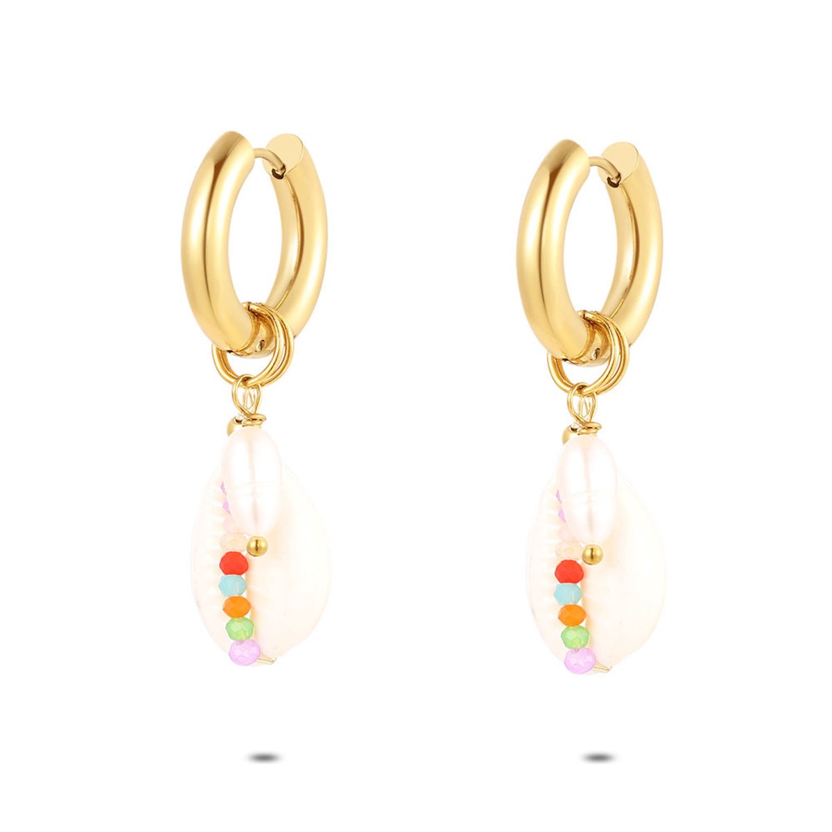 Twice As Nice Oorbellen in goudkleurig edelstaal, oorring met schelp met kleurige kraaltjes en parel.