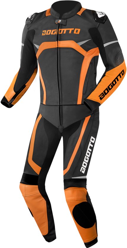 Combinaison de moto Bogotto 2 pièces noire et orange. Logo Bogotto orange sur la poitrine, les manches et les jambes. Accents argentés.