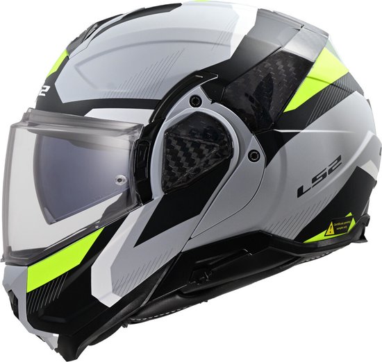 Casque modulable LS2 Advant II gris mat avec accents jaune néon et détails aspect carbone.