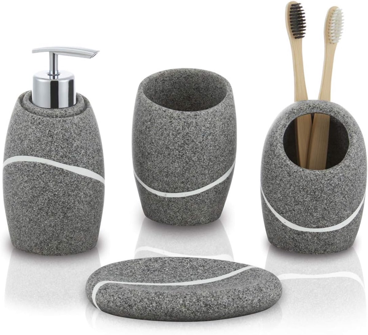 Famanu Grijze badkameraccessoireset 4-delig - badkamerorganizer met Tootbrushhouder, lotion zeepdispenser, make-upbak en zeepbakje - moderne badkamerdecoratie - badkameraccessoireset