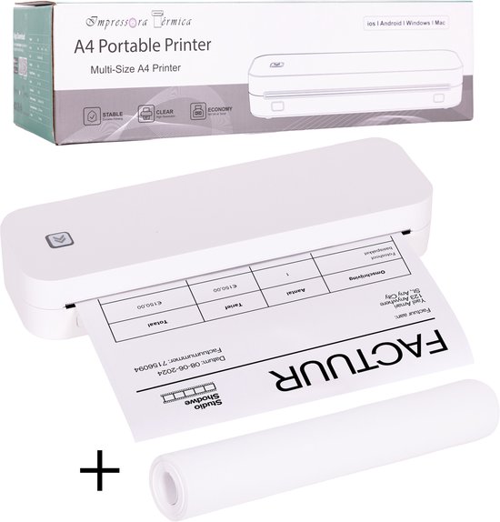 Impressora Térmica® - Portable Printer A4 - Mini Printer - 304 DPI - Draadloze Printer - Mobiele fotoprinter - Pocket Printer - Kantoor - School - Draagbare Printer - A4 printer - Inclusief een rol thermisch papier - Wit - Speelgoed