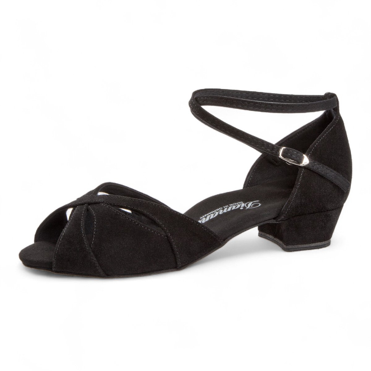 Latin dansschoenen voor brede voet 141 - 129 - 001 - Comfortabele Dames Dansschoenen met Brede Pasvorm - Zwart Suede - Lage 2.8cm Hak - Suede buitenzool - Enkelband met druksluiting - Latin, Salsa, Kizomba, Bachata - Diamant - Zwart - 43