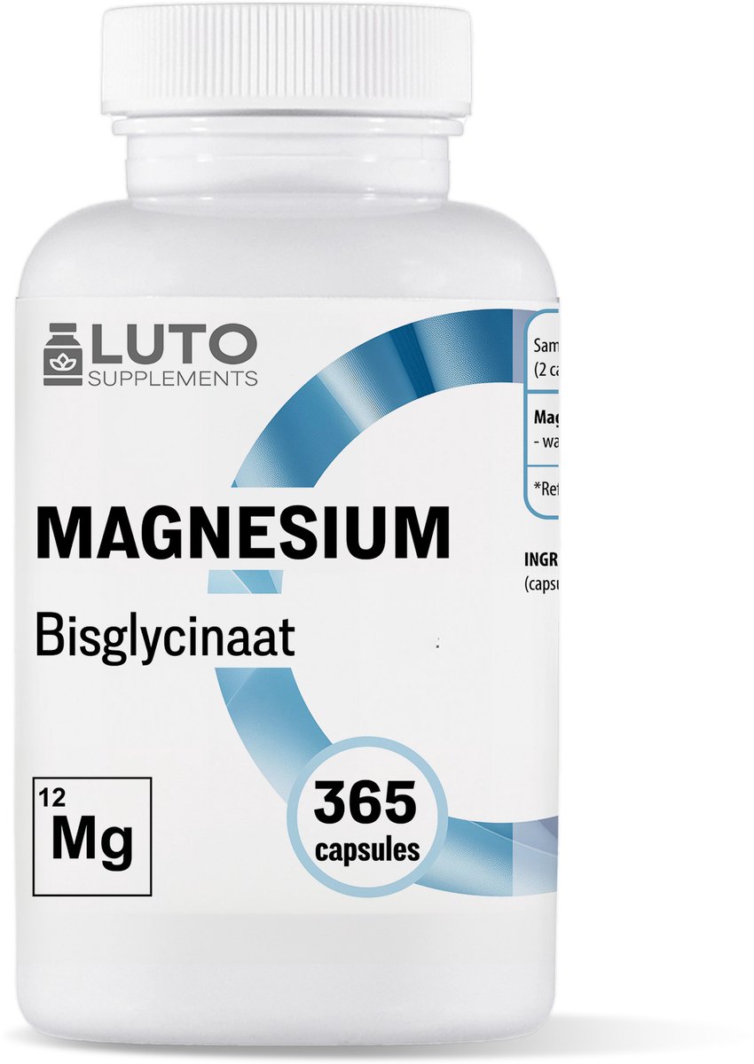 Goedkoopste Magnesium Glycinate - 365 capsules - 186mg elementair magnesium Bisglycinaat / Glycinaat per dag dosering - LUTO Supplements