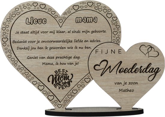 Hartjes Moederdag - houten wenskaart - kaart van hout - gepersonaliseerd - cadeau mama - 17.5 x 25 cm