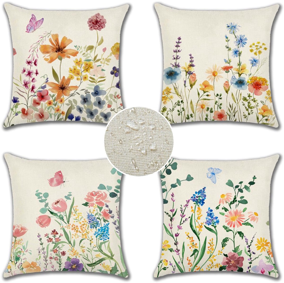 Ibenzoa Waterafstotende Decoratieve Kussenhoezen Set van 4 voor Binnen en Buiten, Bloemen en Vlinders Motief Bloemen Vlinder B