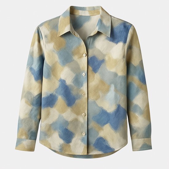 Chemisier SOPHYLINE imprimé aquarelle – 100 % Katoen – Bleu sable et jaune doux – Tailles S à XL