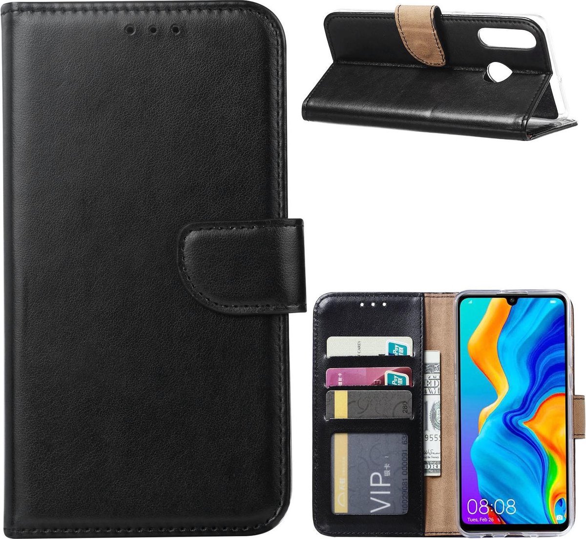Ntech Huawei P30 Lite / P30 Lite New Edition portemonnee hoesje / book case - Zwart