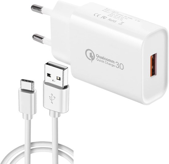 Chargeur USB - Quick Charge 3.0 - chargeur rapide - adaptateur secteur - prise USB 3A - câble USB C de 1 mètre - Convient pour Samsung Galaxy A02s A11 A12 A20s A21S A22 A30S A31 A32 A40 A41 A50 A51 A70 A71