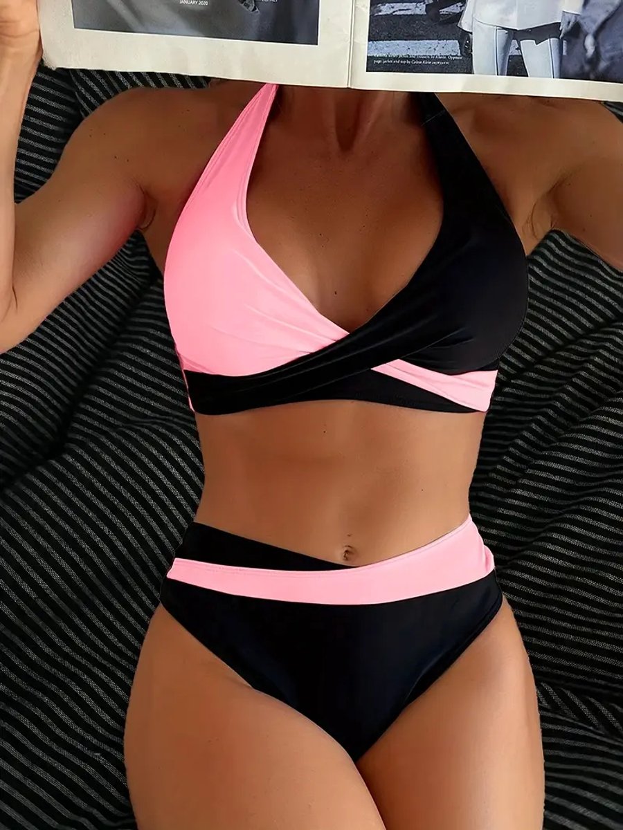 Dames Bikini Set - Halter - Hoge Taille - Zwart Roze - Maat XL
