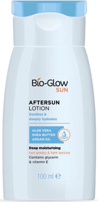 Witte fles Bio-Glow Aftersun Lotion met blauwe dop, 100ml.