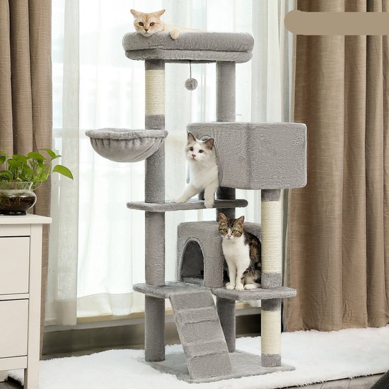 Feandrea kattenboom, 48,5 x 48,5 x 140,7 cm, kattenspeeltoren, met grot, grote platforms, pluchen ballen, hangmat, duifgrijs PCT009G01