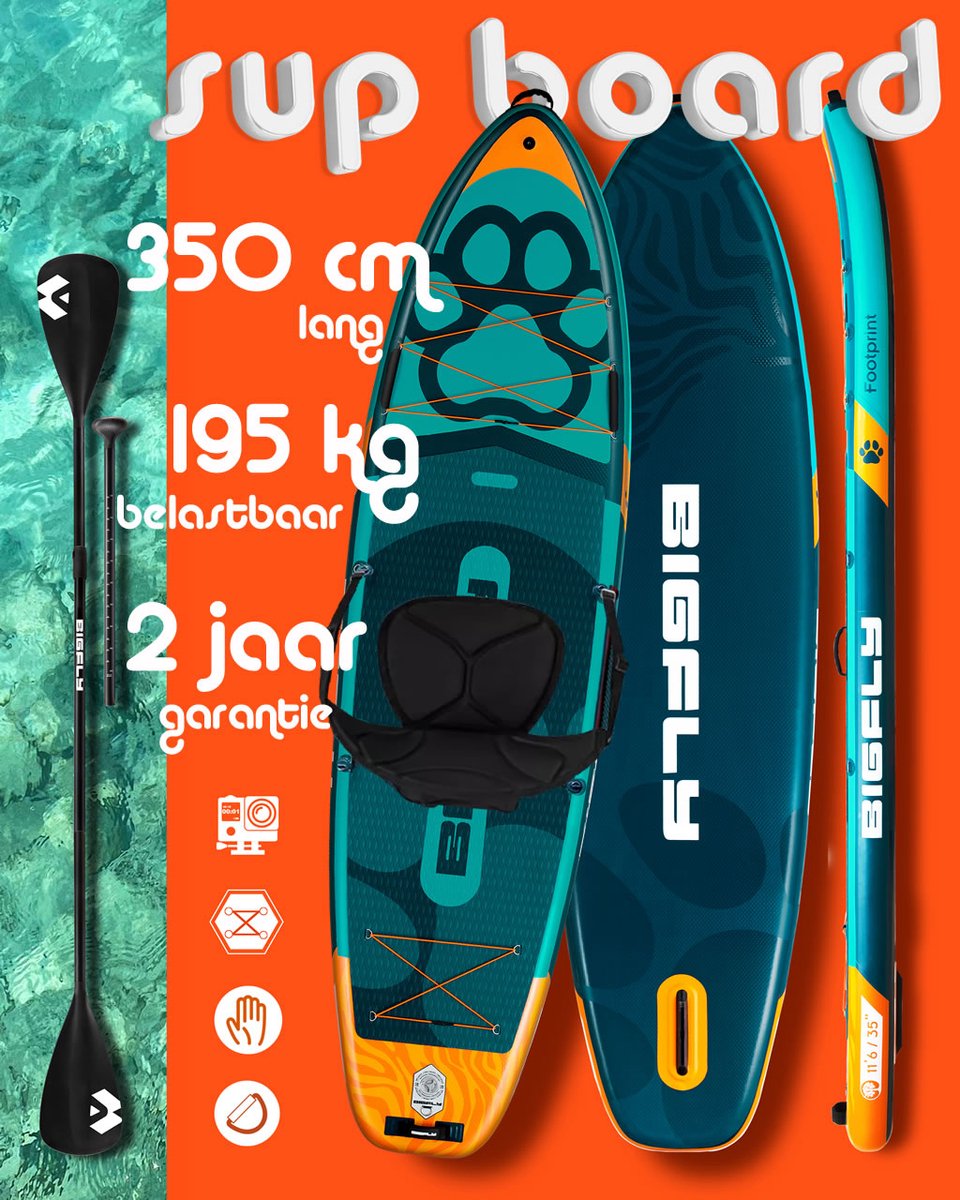 BigFly Pet Family Kajak Peddel Boord Set met zitje en 4 delige peddel compleet | hond kind huisdier Familie | 195 Kg belastbaar Stand Up Paddle Board | Ultra Licht & Stabiel antislipplek voorop de Doggy Footprint kano Sup Groen