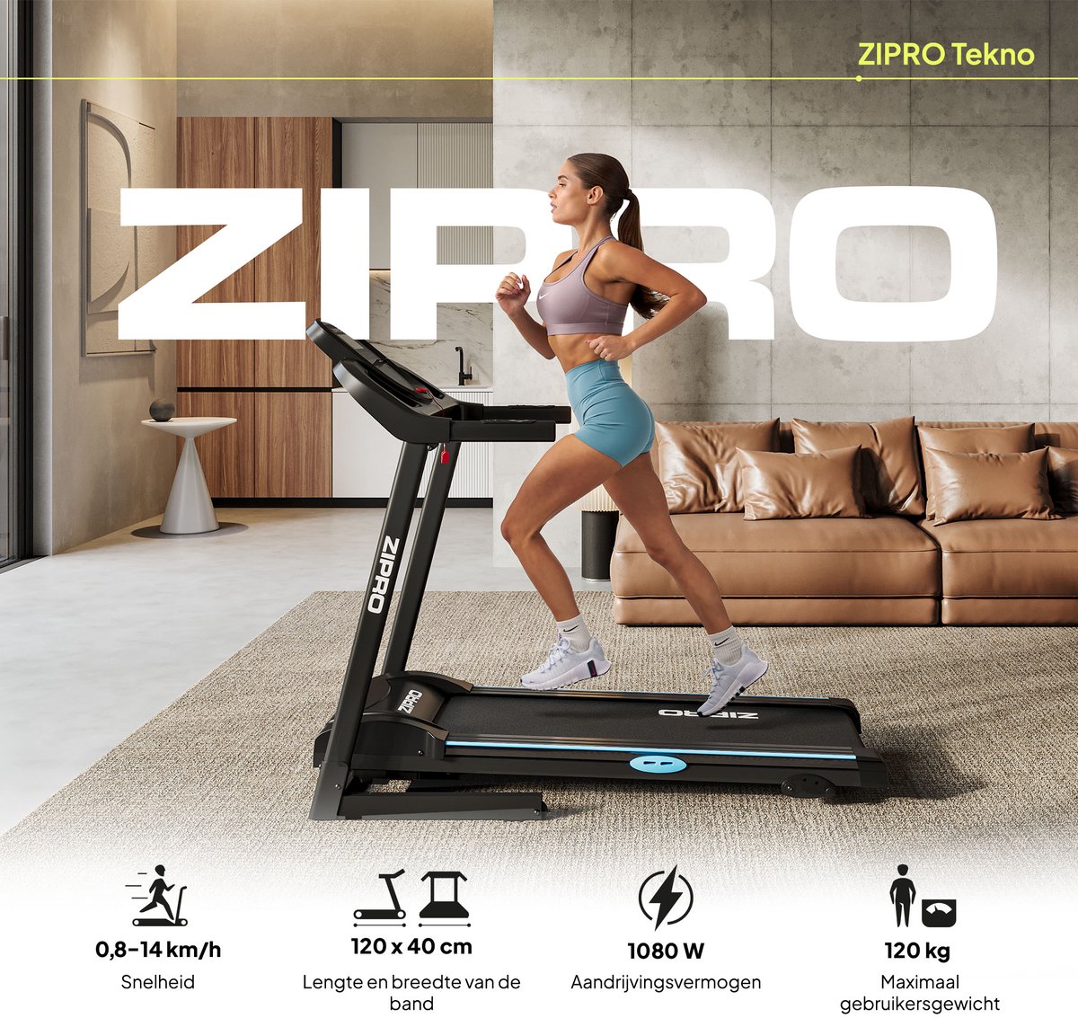 Zipro® Elektrische Loopband 14 km/h Zwart 12 Programma's - afbeelding 3