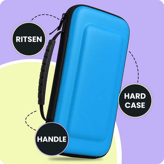 Blauwe, harde Nintendo Switch case met een handvat en rits.