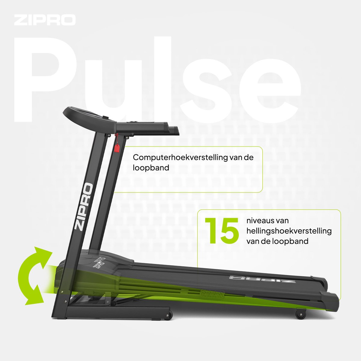 Afbeelding 2 van Zipro® Pulse Elektrische Loopband 1-12 km/h - Wandelband - Inklapbaar - Cardiotraining - LCD-display - 12 Programma’s - Eenvoudig opvouwen naar een verticale positie - Nauwkeurige gegevensmeting - Hartslagmeting