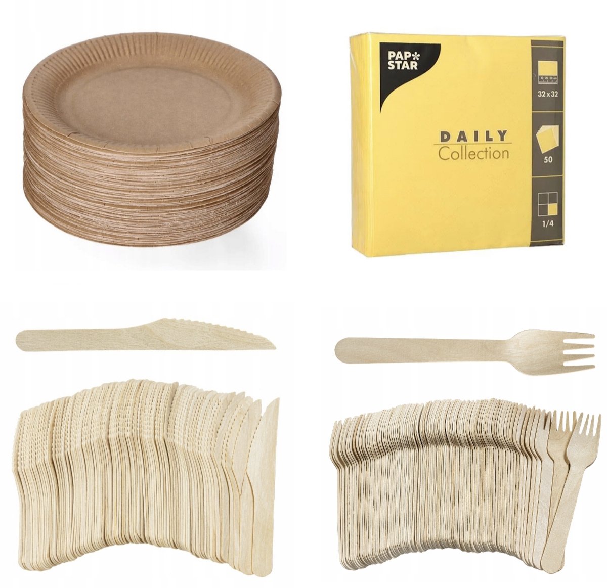 Image of 200 stuks x Houten wegwerp bestek set eco/milieubewust – 50 bruine kartonnen borden 23cm + 50 Vorken 16cm + 50 messen 16cm+ 50 servetten geel 32x32cm Feest/verjaardag/BBQ picknick