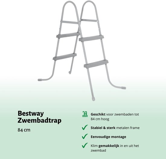 Grijze Bestway zwembadtrap, 84 cm hoog, met metalen frame.