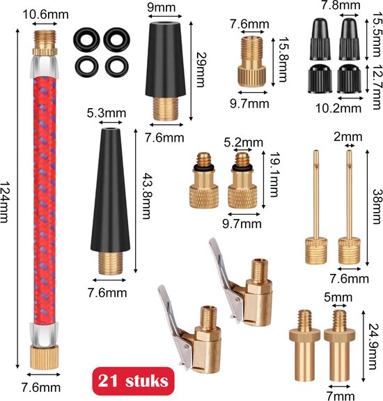 Fiets ventieladapter set - universeel - voor auto, compressor, bal - opblazen - fietsaccessoires - volwassenen - mixkleur - standaardformaat - 21 stuks — afbeelding 3