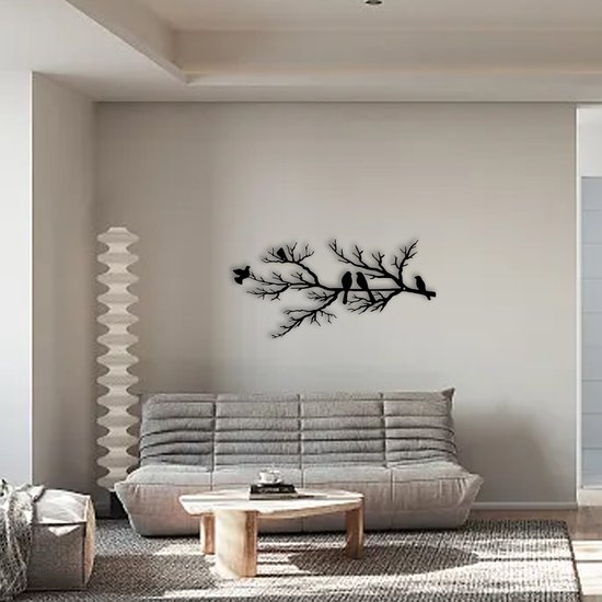 Décoration murale en métal oiseau - silhouette de branche d'arbre - à suspendre - pour balcon, jardin, salon - décoration - famille - noir - 43x18,6cm - 1 pièce