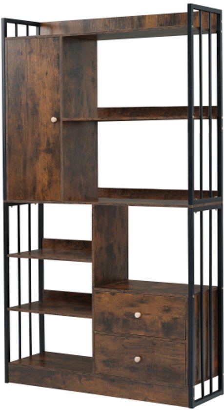 Coleshome Boekenkast, smalle plank met 5 planken, met 2 stoffen laden, kleine boekenplank geschikt voor slaapkamer, kantoor, woonkamer, keuken, 39 x 28,5 x 157 cm, retrokleur