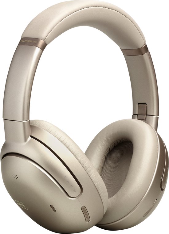 Gouden JBL Tour One M3 over-ear koptelefoon met zachte oorkussens en hoofdband.