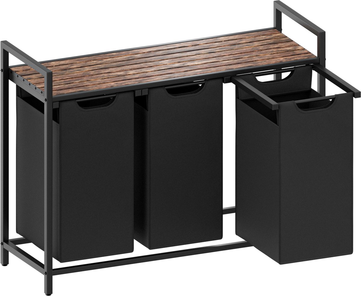 Goedkoopste O'DADDY® Wasmand 3 Vakken - Wassorteerder - Uitschuifbaar - Eenvoudige Montage - 92.5 x 33 x 71 cm - 114L Capaciteit - 3 Zakken - Bruin Hout - Zwart Metaal - Wasmanden - Wasbox