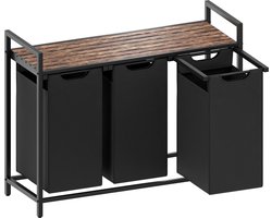 O'DADDY® Wasmand 3 Vakken - Wassorteerder - Uitschuifbaar - Eenvoudige Montage - 92.5 x 33 x 71 cm - 114L Capaciteit - 3 Zakken - Bruin Hout - Zwart Metaal - Wasmanden - Wasbox
