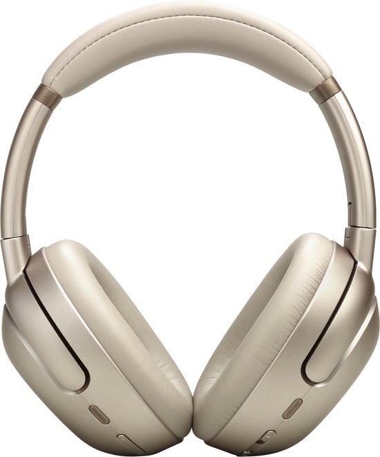 Gouden JBL over-ear koptelefoon met zachte oorkussens en hoofdband, van voren bekeken.